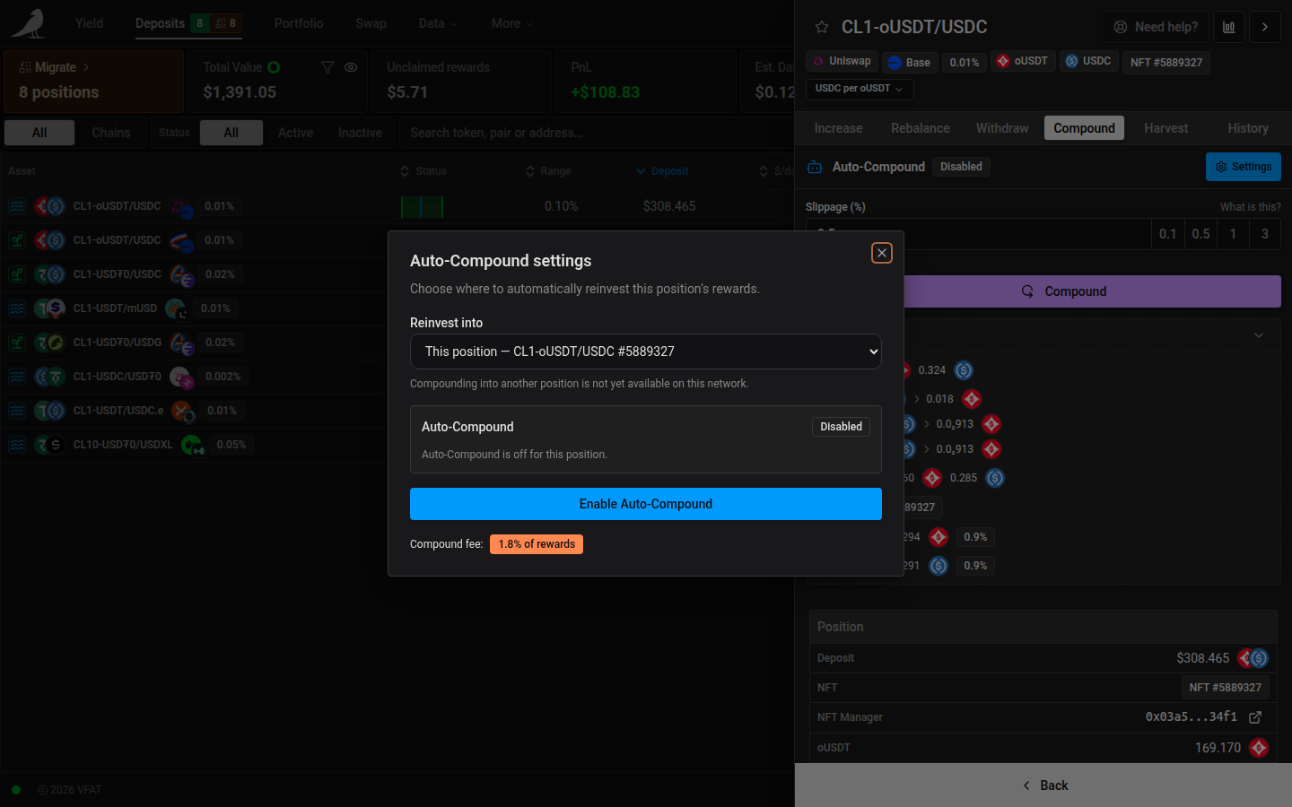Auto-Compound settings, with a reward destination selector