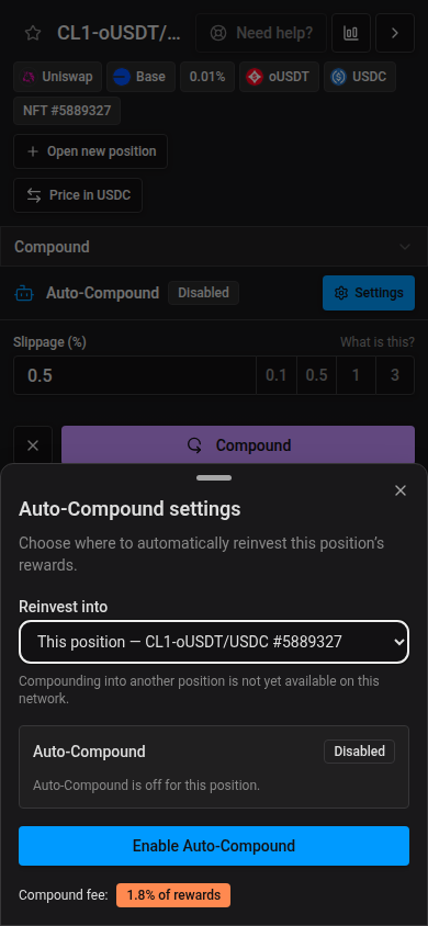 Auto-Compound settings in a mobile drawer