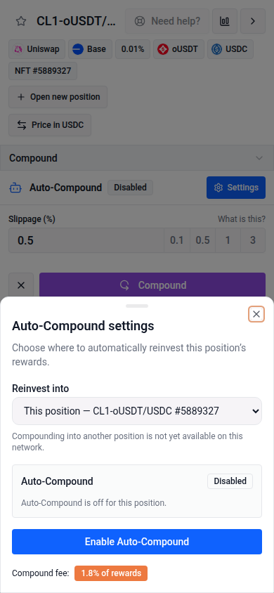 Auto-Compound settings in a mobile drawer