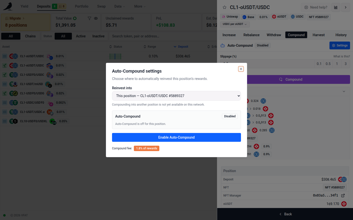 Auto-Compound settings, with a reward destination selector
