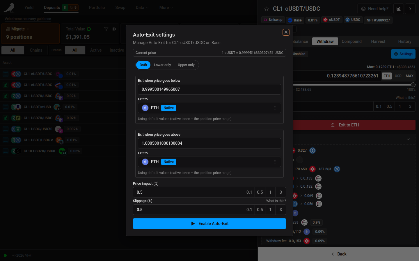 Auto-Exit settings, with lower/upper bound triggers and exit tokens