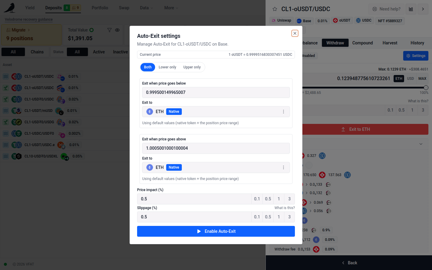 Auto-Exit settings, with lower/upper bound triggers and exit tokens
