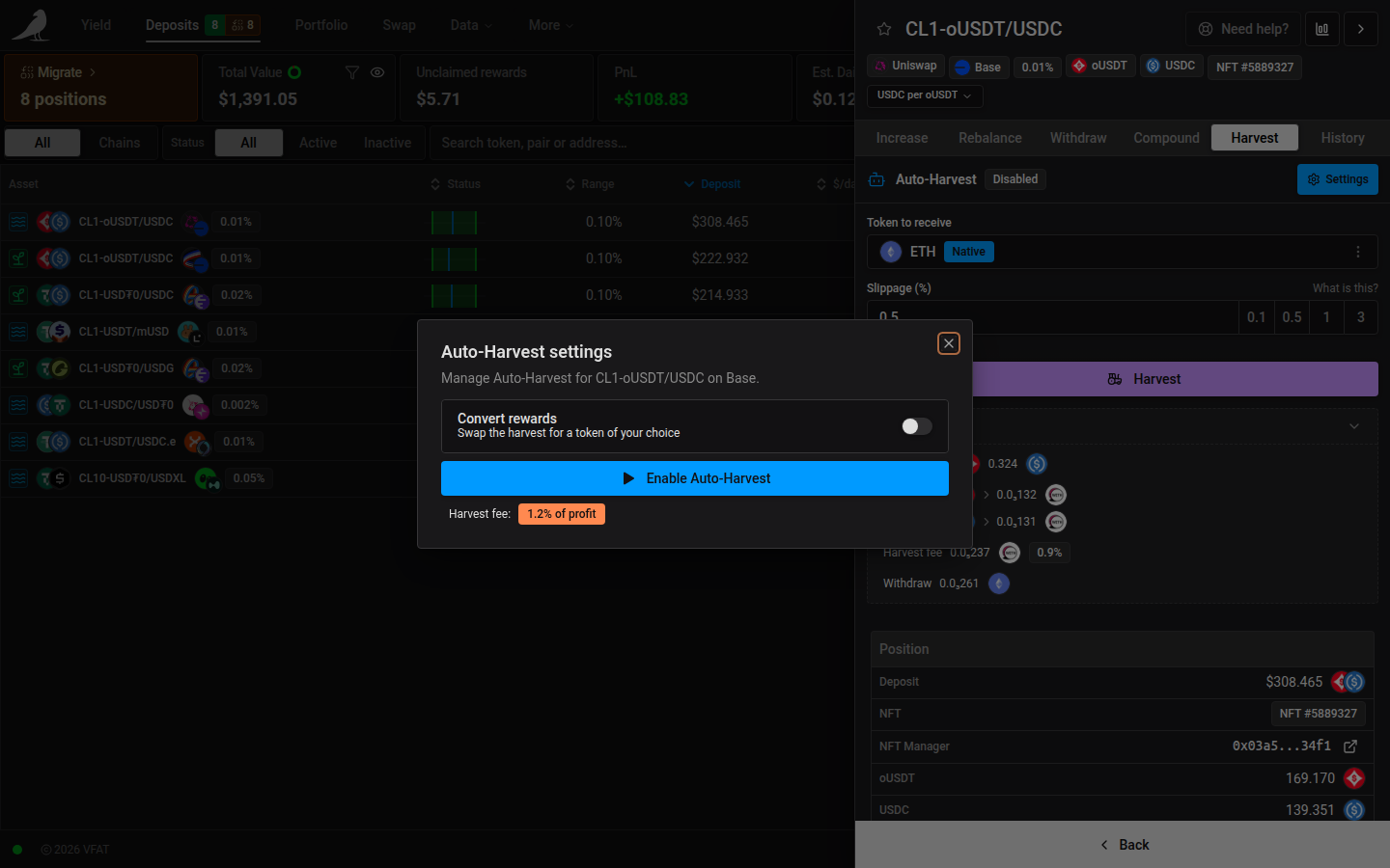 Auto-Harvest settings, with the Convert rewards toggle and the enable button