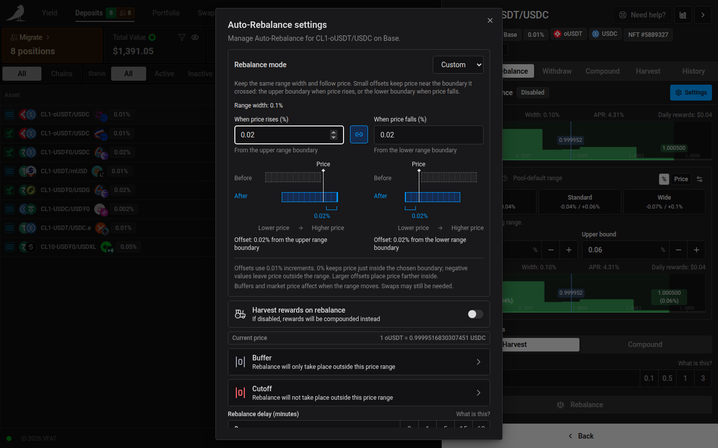 Auto-Rebalance settings, with the rebalance mode, reward handling, buffers, cutoff prices, delay and transaction limits