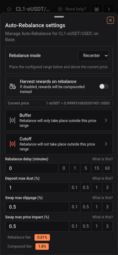 Auto-Rebalance settings in a mobile bottom drawer