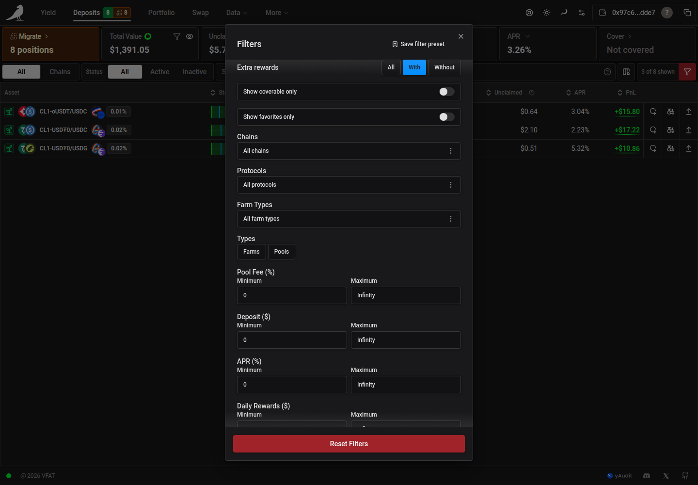 Extra rewards choices in the Deposits filters dialog