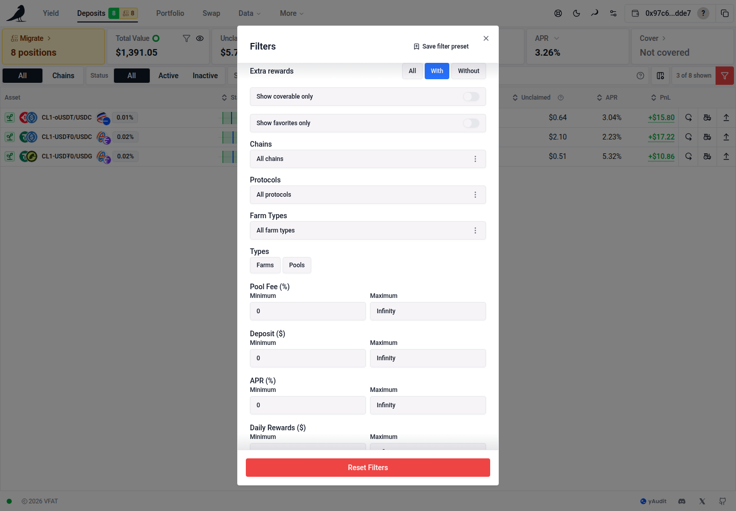 Extra rewards choices in the Deposits filters dialog