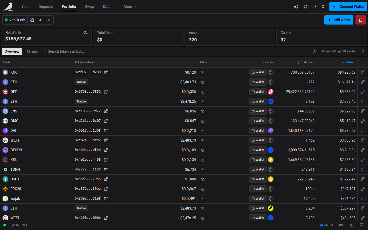 Portfolio showing wallet balances and positions across chains