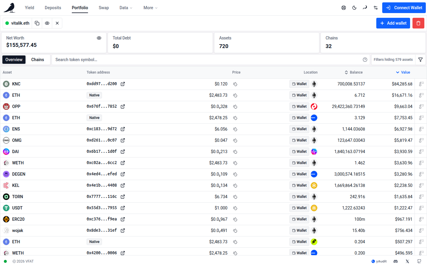 Portfolio showing wallet balances and positions across chains