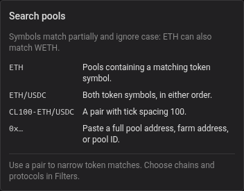 Search help with token, pair and address examples